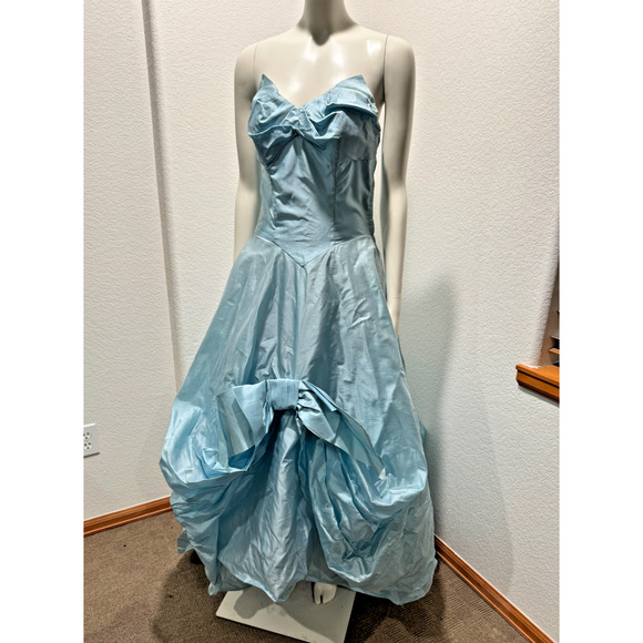 Vintage 1950s Taffeta Strapless Gown Dress S Bubble Hem Pastel Blue Tulle Slip - Picture 9 of 15
